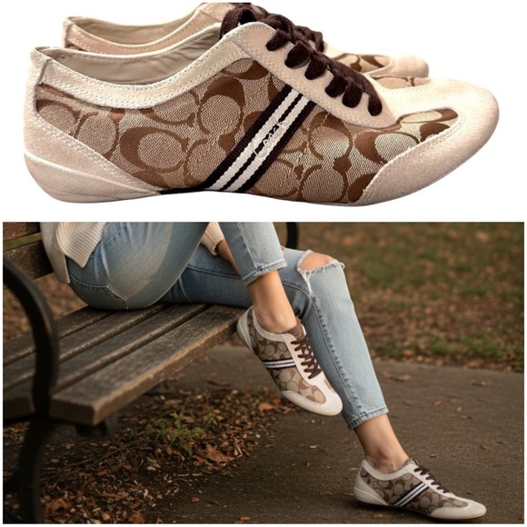 Coach Shoes - Coach Beyla Suede Lace Up Sneakers Shoes Signature Canvas CreamTan Brown 10M